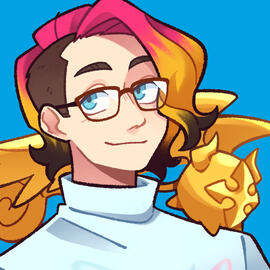 Cartoon drawing, white person, medium-length wavy hair swept to the left, from pink to orange with black tips and a side cut on the right, golem Timcanpy perched on their shoulder, blue eyes, wearing large glasses, white turtleneck hoodie, blue background