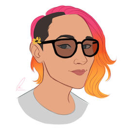 Pop art drawing, white person, medium wavy hair, from pink to neon orange, sidecut on the left side with a tiny yellow flower over the ear, blue eyes, wearing big glasses and white t-shirt
