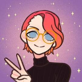 Simplified drawing, white person smiling and making the peace sign with the right hand, medium wavy hair to the left side, going from pink to warm orange, blue eyes, big rounded glasses, black long-neck sweater, purple background with yellow sparkles